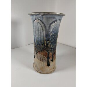 Studio Art Pottery Vase Blue Brown Tan Drip Glaze Textured Flare Stamped 8" tal